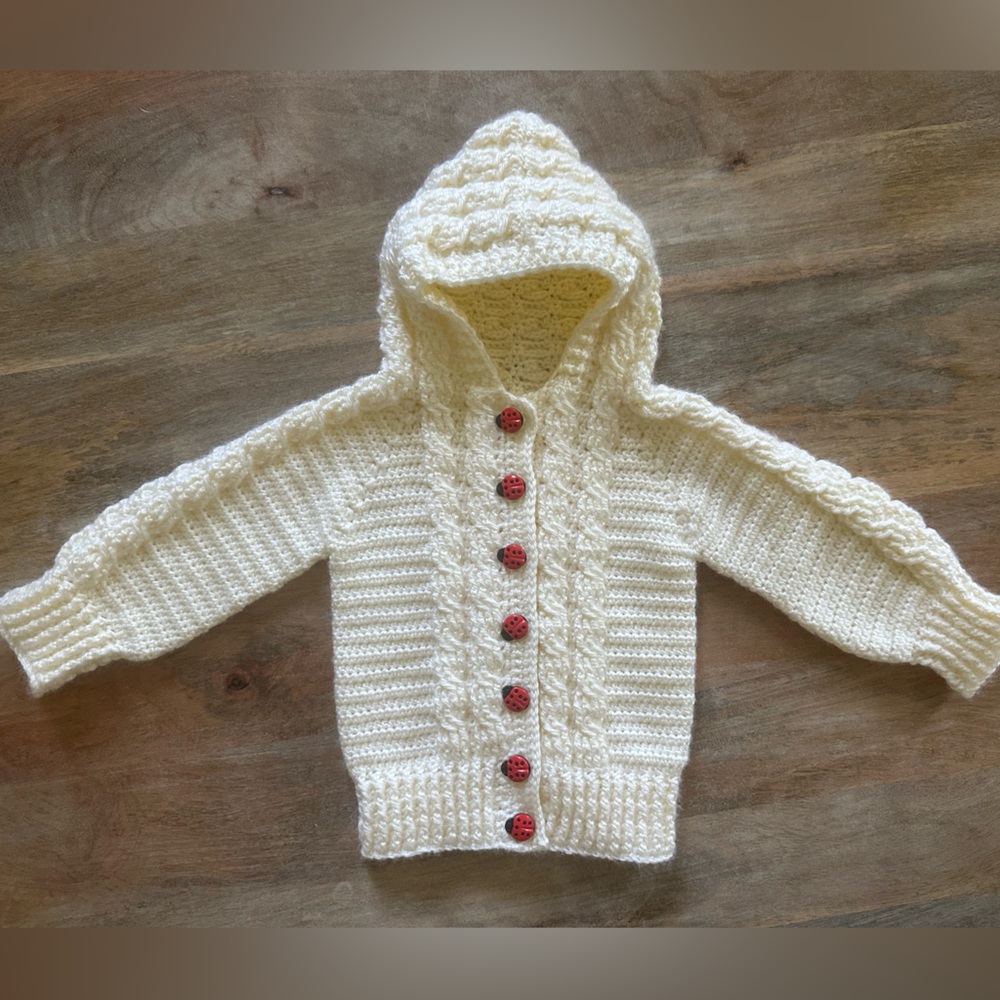 Handmade Vintage Cream Hooded Knit Cardigan with Ladybug Buttons